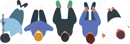 Set of diverse people silhouettes from a top view perspective featuring various sitting poses and colorful outfits for architectural site plans.