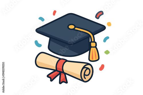 A cartoon illustration of a dark blue graduation cap with a yellow tassel and a rolled-up diploma tied with a red ribbon, surrounded by colorful confetti on a black background.