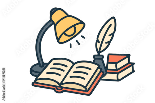 This vector illustration features an open book under a yellow desk lamp, with a quill pen in an inkwell and a stack of books nearby, all set against a solid black background.