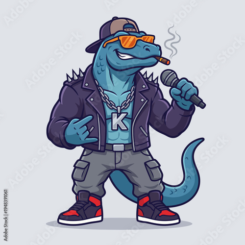A cool dinosaur character dressed in hip hop attire with sunglasses, a leather jacket, and a microphone, representing a fun twist on urban culture and creativity.