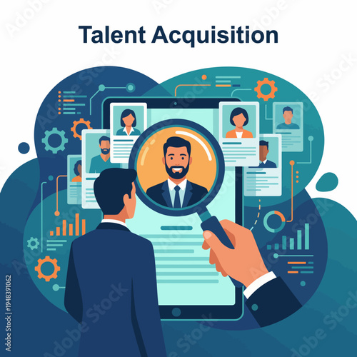 A concept illustration depicting talent acquisition, featuring a professional evaluating candidates through a magnifying glass and multiple profiles, highlighting recruitment and selection.