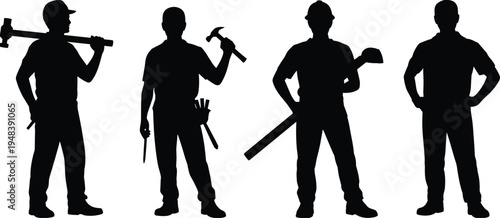 Construction worker silhouettes with tools set, builder carpenter laborer standing poses isolated on white background, vector illustration for industry workforce design