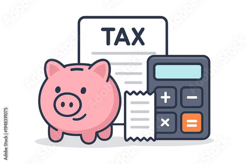 This flat vector illustration shows a pink piggy bank next to a calculator and a tax document. It depicts concepts of financial management, accounting, and saving money.