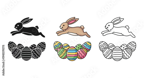 Set of easter bunnies and decorated eggs in silhouette, color, and line art styles for holiday design 