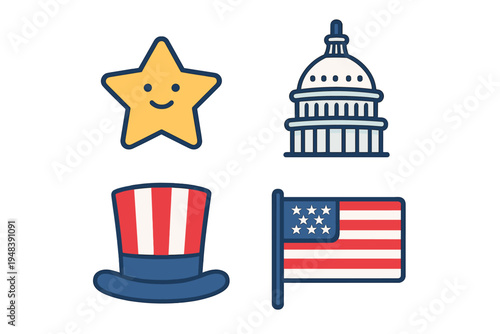 A collection of four patriotic American icons featuring a smiling yellow star, the United States Capitol building, a red and white striped top hat, and a stylized national flag.