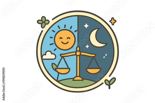 A circular graphic shows a balance scale positioned between a daytime scene with a smiling sun and a nighttime scene with a crescent moon and stars on a green hill.