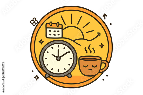 A circular illustration featuring an alarm clock, a steaming cup of coffee with a sad face, a calendar, and a rising sun, representing a morning routine and time management.