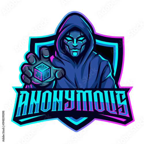 A mysterious hooded figure with a mask holding a glowing cube, representing themes of anonymity, digital culture, and the intrigue of the hacker community.