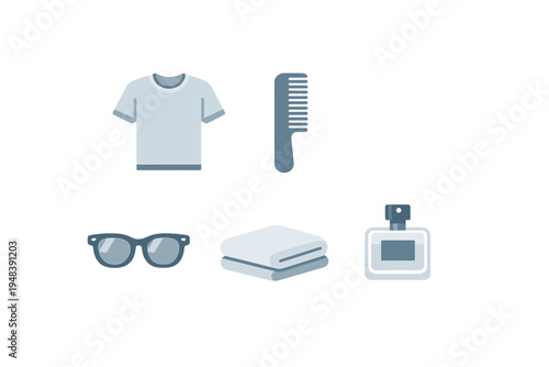 A collection of flat design icons featuring personal care and fashion