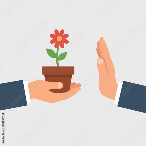 A vibrant image portraying a flower pot being offered to a person, who is politely declining the gesture, highlighting themes of gratitude, rejection, and respect in human interactions.