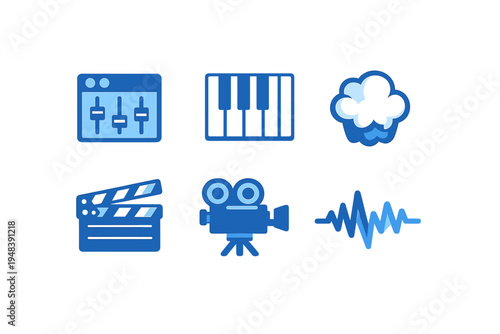 A collection of six blue media production icons featuring an audio