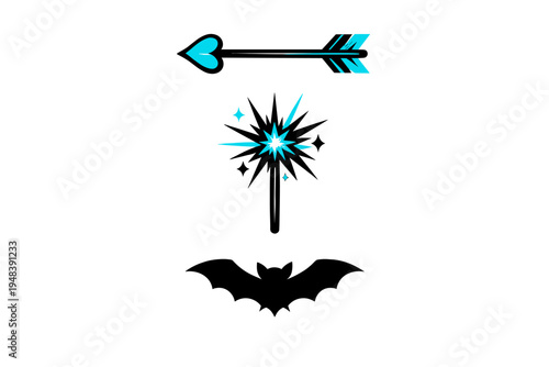 This vector illustration set includes a cyan heart arrow, a magic