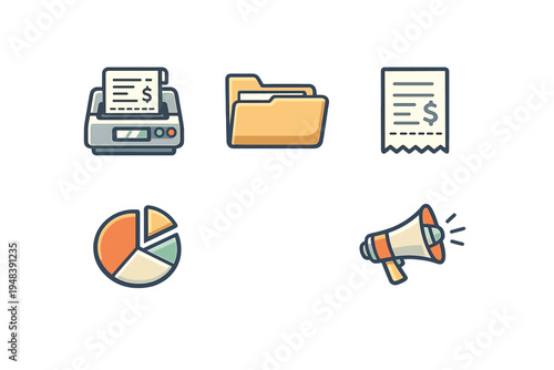 A collection of business and finance icons featuring a cash register