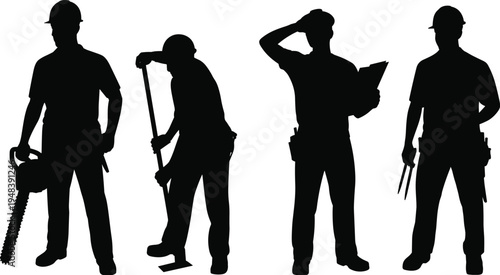 Construction worker silhouettes with tools, engineer holding blueprint, builder with chainsaw and shovel, industrial labor team, building profession, isolated vector illustration