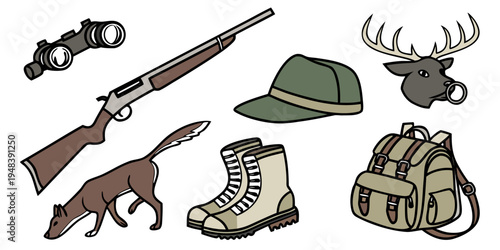 hunting gear and accessories for outdoor activities Vector