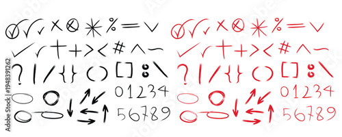 Brush Doodle Symbols  Set – Black and Red Hand Drawn Abstract Check Marks, Crosses, Arrows, Math Signs, Circles, Numbers and Annotation Markup Elements for Infographic, Web and Presentation Design.
