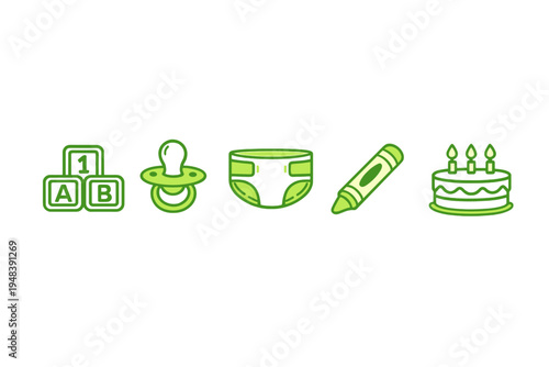 A set of five green baby and childhood icons featuring alphabet