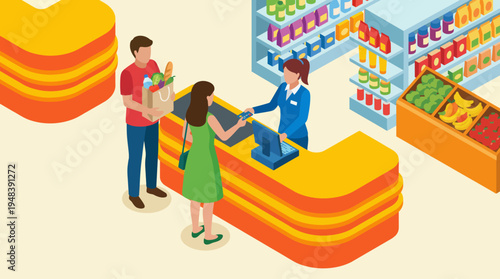 This colorful illustration captures a busy grocery store check-out scene with a customer making a payment, depicting everyday shopping experiences and vibrant retail dynamics.