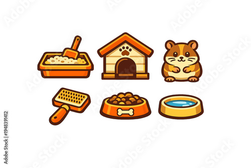 A collection of cute pet care icons featuring a hamster, dog house