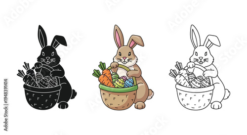 Easter bunny holding a basket with carrots and eggs, set of three variations including silhouette, color, and line art