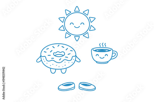 A blue line art illustration featuring cute anthropomorphic