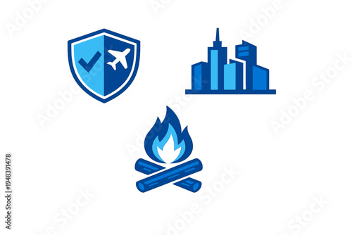 A set of three blue vector icons featuring a security shield with an