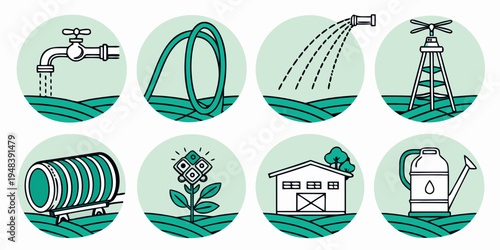 icons of various water irrigation systems and tools Vector