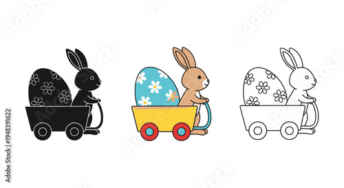 Easter bunny pulling a wagon with a decorated egg in color, silhouette, and line art style for holiday design