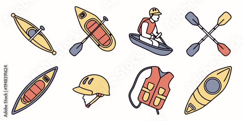 a collection of kayaking equipment and safety gear Vector