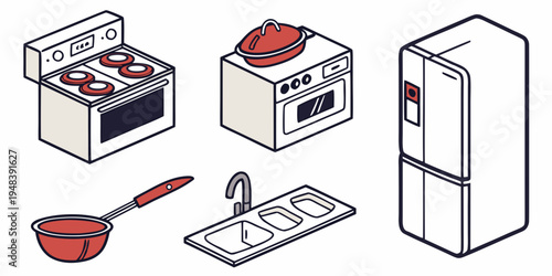 kitchen appliances and cooking utensils Vector