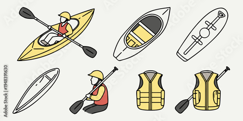 a collection of kayaking equipment and accessories Vector