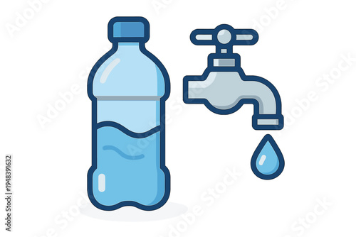 This flat design illustration shows a blue plastic bottle partially filled with water alongside a metal tap with a falling drop, symbolizing clean drinking water.