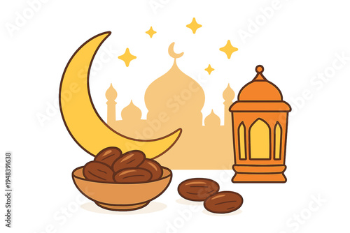 A flat vector illustration featuring a crescent moon, a mosque silhouette, stars, a traditional lantern, and a bowl of dates, representing Islamic traditions and Ramadan celebrations.
