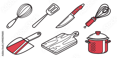 a collection of kitchen utensils and cookware Vector