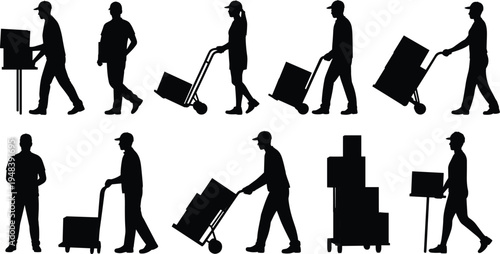 Delivery worker silhouettes pushing hand truck and carrying boxes, courier logistics transportation labor poses isolated on white background vector illustration set