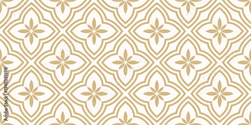 Luxury vector floral ornament in oriental style. Golden seamless pattern with big flowers, leaves, tiles, curved lines. Simple abstract ornate background texture. Repeated design for print, wallpaper