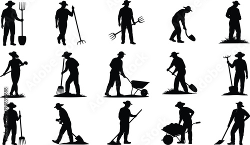 Farmer and gardener silhouettes set, people digging soil, raking leaves, pushing wheelbarrow, agriculture farm work, gardening tools collection, black silhouette vector illustration