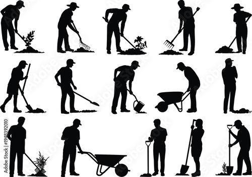 Gardener and landscaping worker silhouettes set, people planting trees, digging soil, raking leaves, watering plants, wheelbarrow work, garden maintenance vector illustration