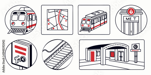 a set of diagrams showing different views of a train station Vector