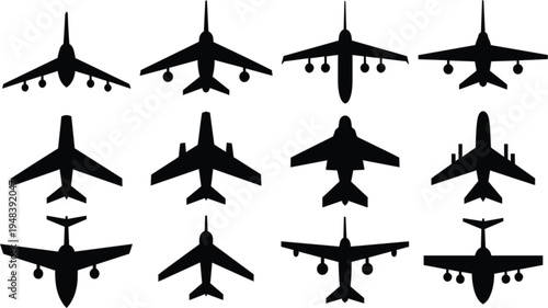 Commercial and military airplane vector silhouette set featuring top view aircraft icons for aviation travel transport and aerospace logistics design.