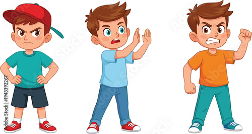 Cartoon set of little boy characters expressing negative emotions including anger defiance and stopping gesture for childhood behavior and discipline