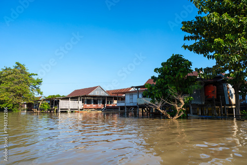 Houses on Lake Tempe, Sulawesi, Indonesia at sunrise