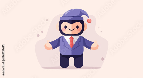 Cute cartoon character in blue suit, red tie, and purple sleep hat with arms outstretched