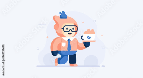 Cute cartoon character in pink suit with glasses holding a coffee cup