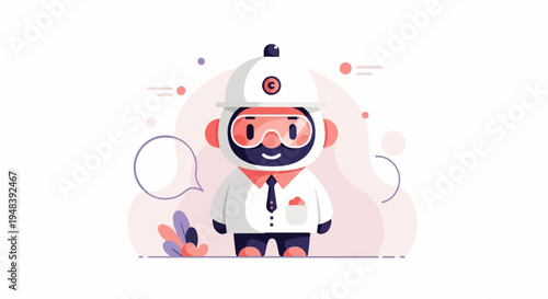 Cute cartoon character in protective gear with speech bubble and plants