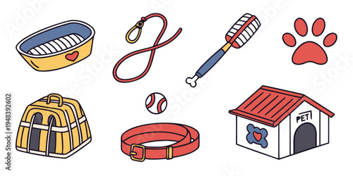 a collection of dog accessories and toys Vector