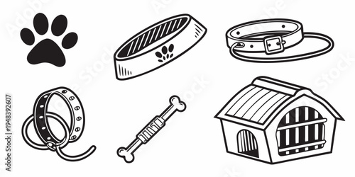 a collection of dog items and a dog house Vector
