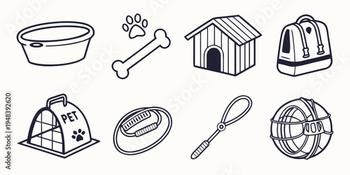 a collection of dog related items and food Vector