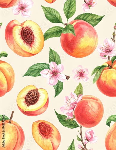 Nahtloses Aquarell-Muster mit Pfirsichen, blühenden Blüten und grünen Blättern