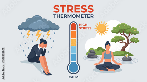 A stress thermometer visualization contrasting high stress with calm meditation, highlighting emotional states through distinct imagery and relatable symbols.